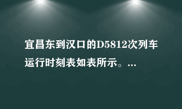 宜昌东到汉口的D5812次列车运行时刻表如表所示。站次站名到达时间开车时间运行时间里程1宜昌东起始站08:150分02荆州08:4808:5033分88km3潜江09:1709:191小时2分158km4天门南09:4009:411小时25分209km5汉口10:15终点站2小时0分292km根据列车运行时刻表回答下列问题：(1)D5812次列车由宜昌东驶往汉口站全程的平均速度是多少?(2)计算说明在宜昌东至荆州、荆州至天门南、天门南至汉口三段中，哪个路段运行得最快，哪一个路段运行得最慢?